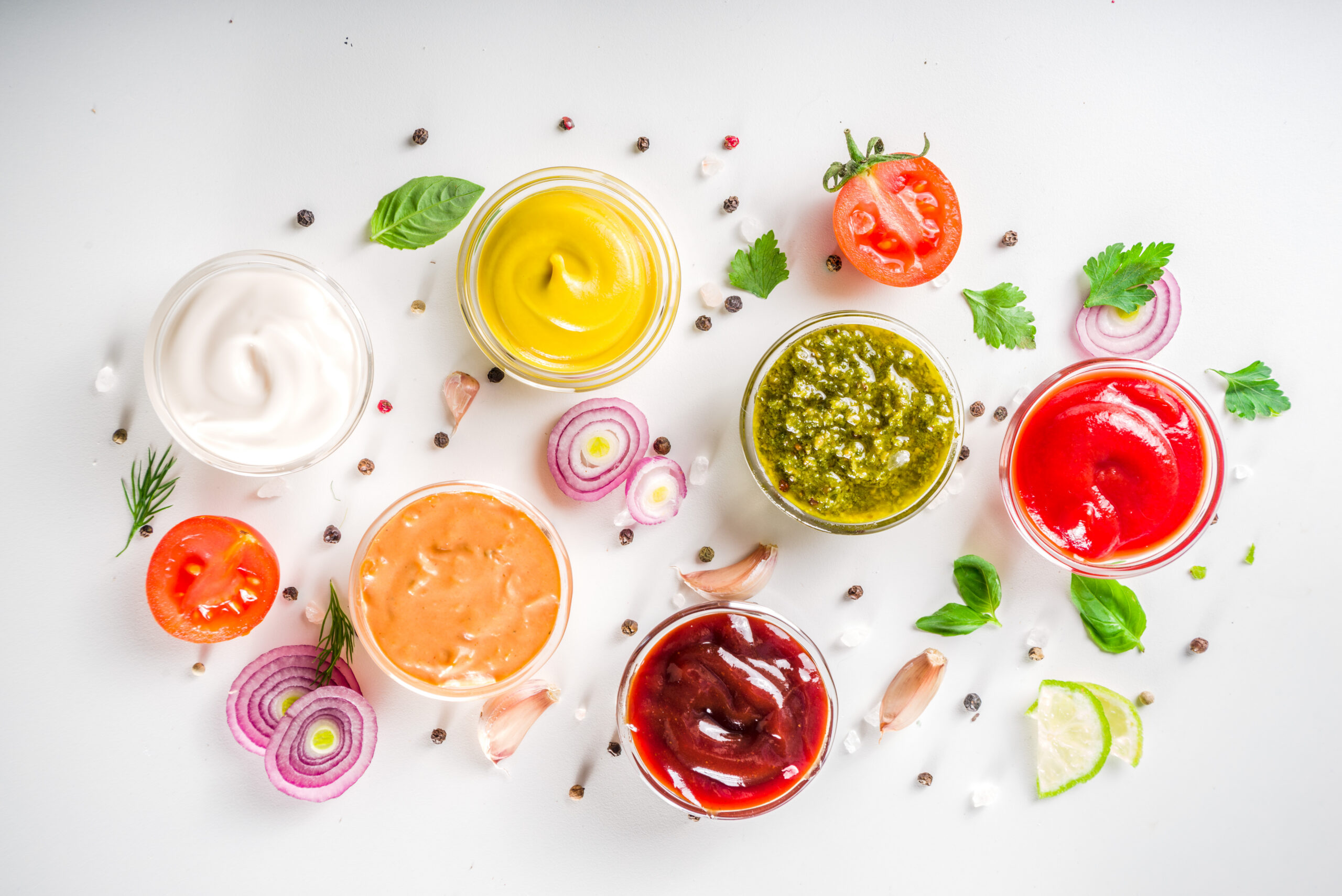 Set Of Sauces In Small Bowls Ketchup, Mayonnaise, Mustard, Bbq Sauce, Pesto, Classic Burger Sauce, With Spices And Herbs In. White Background Copy Space Top View