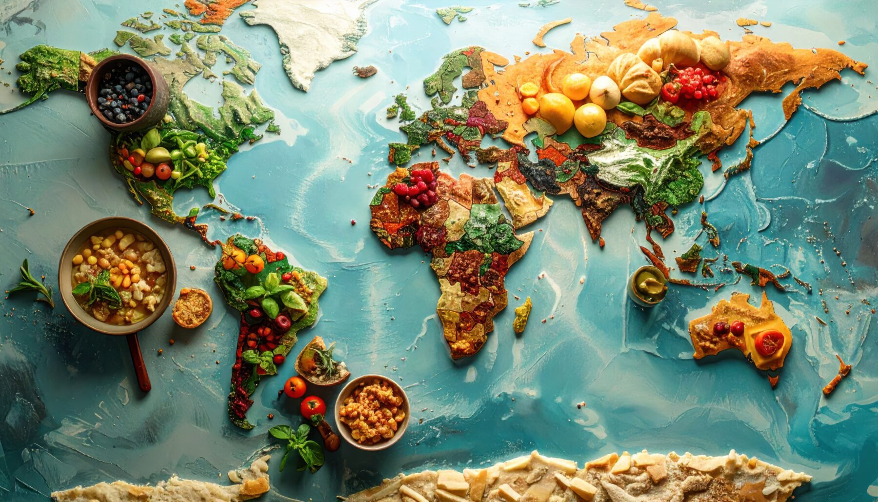 Explore Global Culinary Diversity A Vibrant World Map Crafted From Diverse Food Ingredients, Illustrating International Gastronomic Traditions And Rich Cultural Flavors